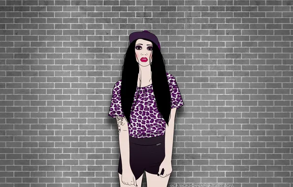 Picture girl, wall, shorts, tattoo, leopard, cap