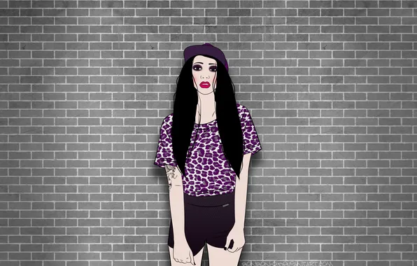 Girl, wall, shorts, tattoo, leopard, cap