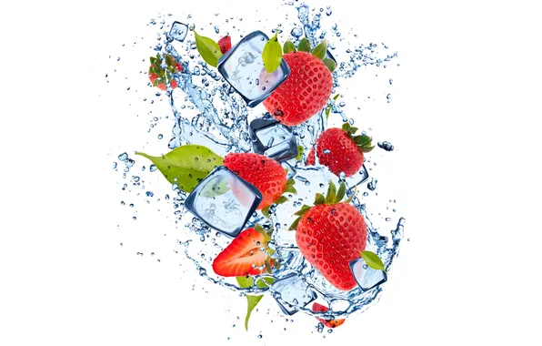 Ice, water, strawberry, ice, leaves, water, strawberry, leaflets