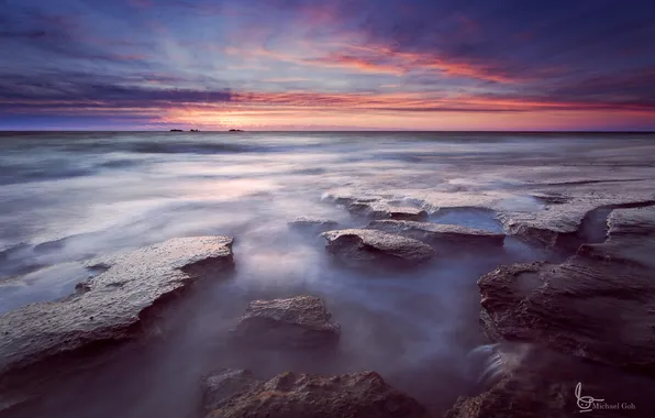 The sky, clouds, sunset, stones, the evening, The Indian ocean, Western Australia, Burns Beach