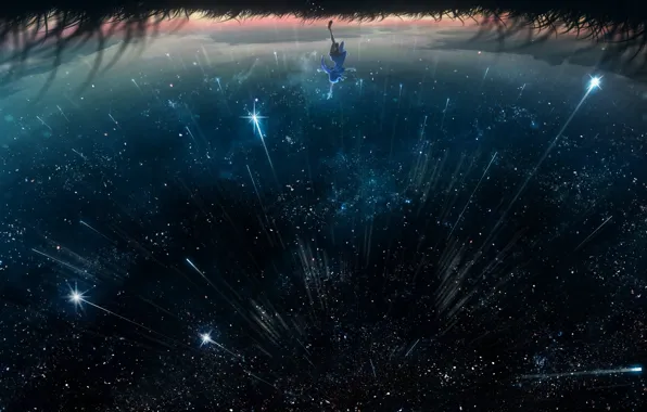 The sky, girl, night, reflection, Starfall, by Y_Y