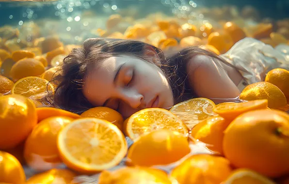 Water, girl, light, face, pose, sleep, oranges, sleeping