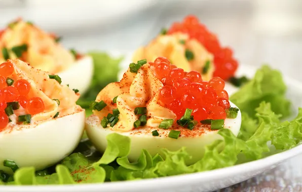 Greens, eggs, bow, caviar, red caviar, appetizer, lettuce
