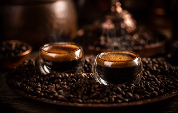 Coffee, glasses, Cup, drink, coffee beans, tray, bokeh, spoon