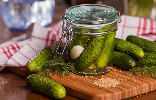 Towel, Bank, cucumbers, spices, cutting Board, salting, preserving, salt
