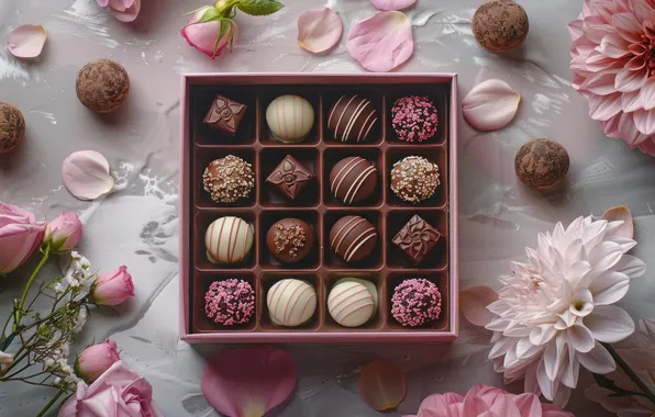 Flowers, table, holiday, gift, petals, March 8, Valentine's Day, a box of chocolates