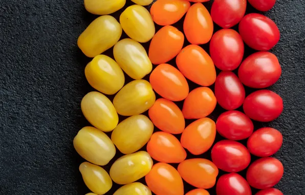 The dark background, yellow, red, orange, tomatoes, a lot, different, tomatoes