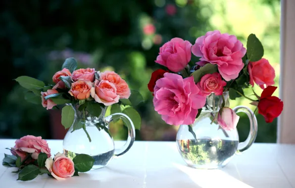 Flowers, roses, window, pitchers