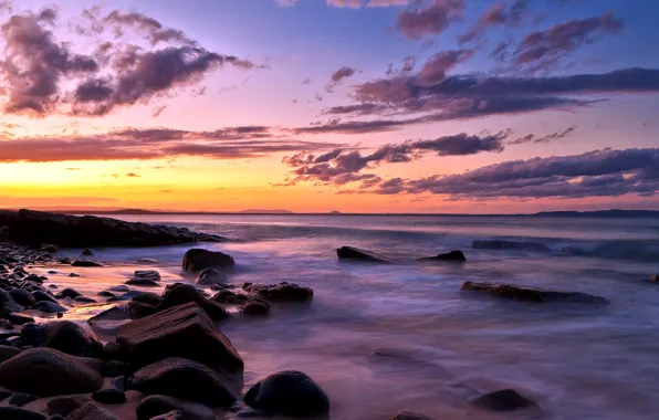 Sea, landscape, sunset, rocks