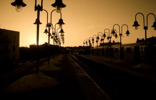 Picture road, Sunset, lights, iron