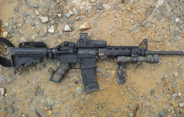 Water, stones, Machine, sleeve, Сolt AR-15 (M16), An American assault rifle