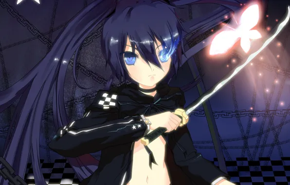 Picture girl, weapons, butterfly, katana, anime, art, chain, black rock shooter