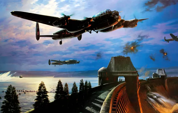 Bomber, art, airplane, painting, ww2, Avro Lancaster