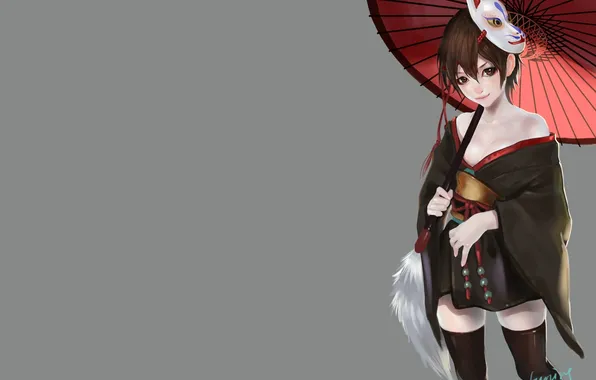 Picture look, girl, smile, umbrella, mask, yukata, art, bobo1983