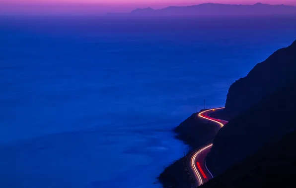 Road, sea, the sky, sunset, mountains, lights