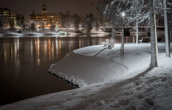 Snow, night, river, bench