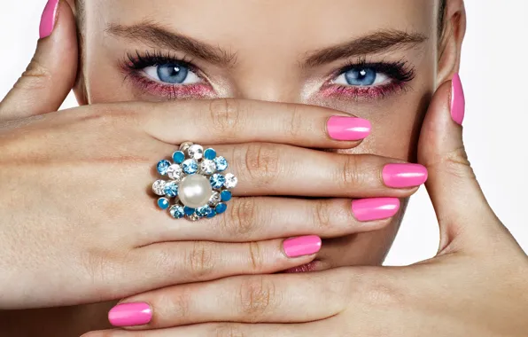 Picture eyes, girl, face, hands, ring, manicure