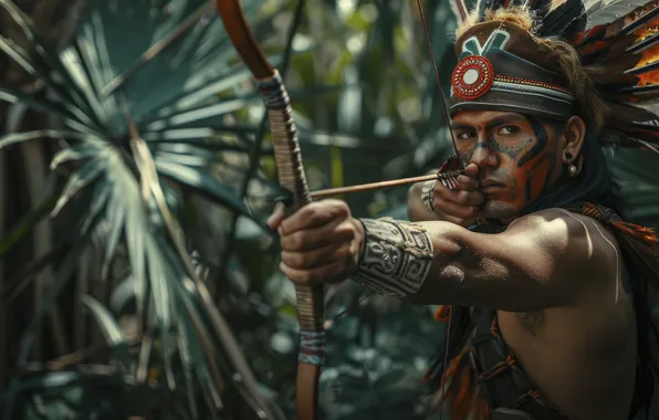 Look, Feathers, Warrior, Bow, Maya, Male, Arrow, Digital art