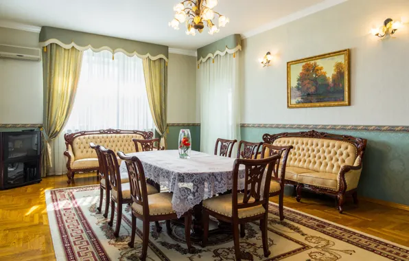 Table, room, chairs, interior, sofas
