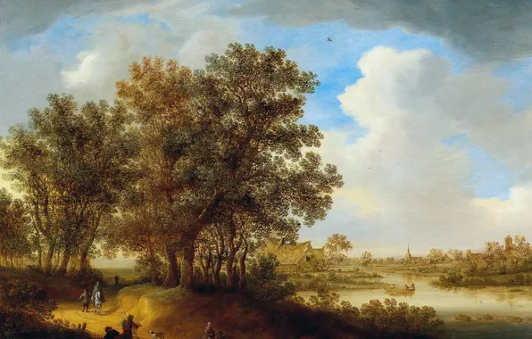 Trees, River, People, Picture, River landscape, Dutch artist, Johannes Pietersz. Schoeff, Johannes Peters. Shoeff