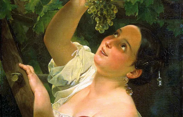 Picture Girl, Smile, Picture, Grapes, Karl Briullov, Russian artist, Karl Bryullov, Italian afternoon