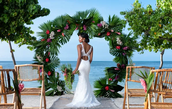 Girl, flowers, pose, the ocean, figure, the bride, wedding dress, Konstantin Silaev