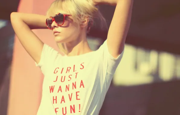 Picture girl, background, the inscription, Wallpaper, mood, glasses, t-shirt, blonde