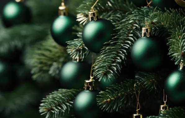Balls, branches, the dark background, balls, Shine, spruce, green, Christmas