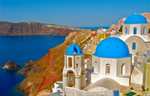 Rocks, coast, Santorini, Greece, Church, Santorini, Oia, Greece