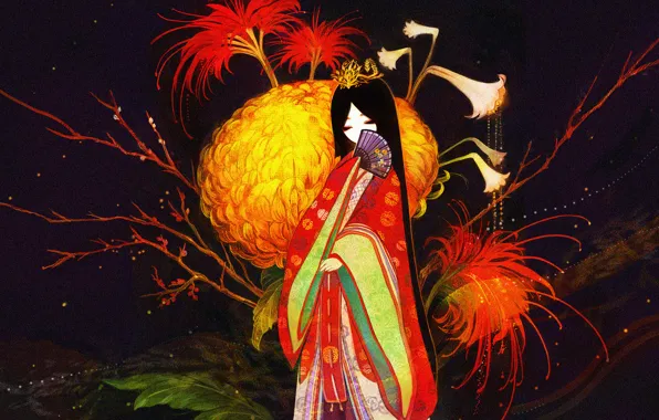 Girl, Figure, fan, kimono, chrysanthemum