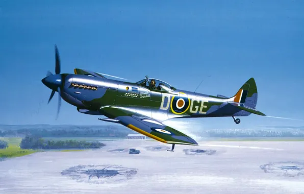 Picture war, art, airplane, painting, Supermarine Spitfire, ww2