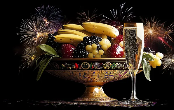 Holiday, New year, digital art, a glass of champagne, digital art, fireworks, AI art, Stability …