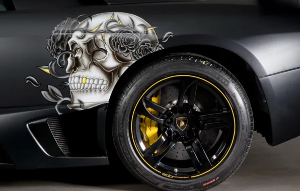 Black, skull, Lamborghini, wheel, disk, Black, Murcielago, 2009