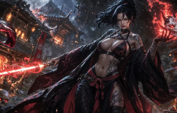 Picture girl, sword, sexy, tattoo, brunette, ai art