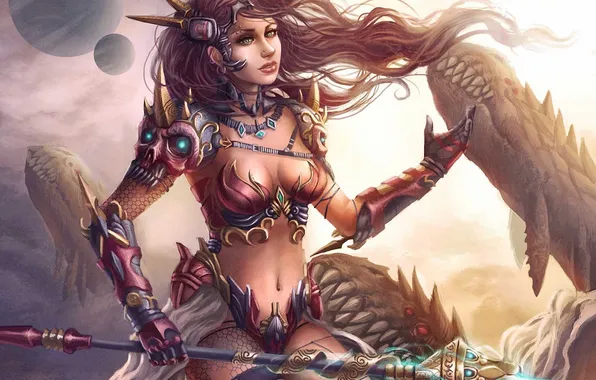 Picture girl, planet, art, monsters, rod, armor