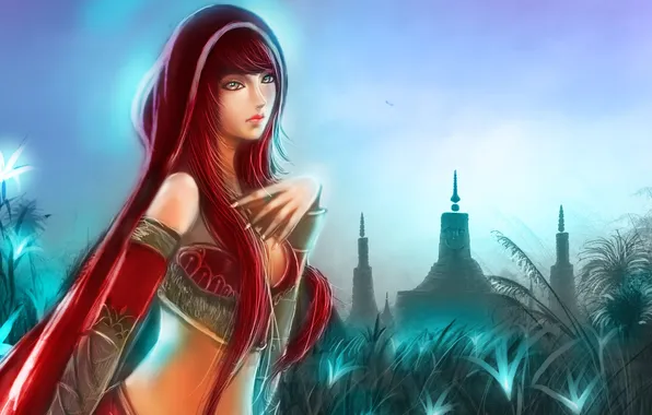 Grass, girl, fantasy, art, hood, temple, cloak, spire