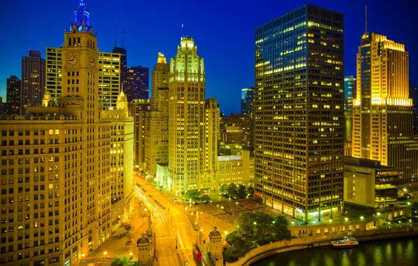 Night, the city, river, Chicago, illumination, Illinois