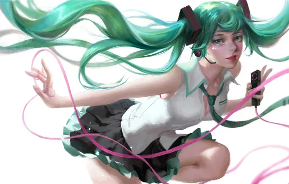 Remote, tie, vocaloid, Hatsune Miku, long hair, Vocaloid, Hatsune Miku, pink ribbon