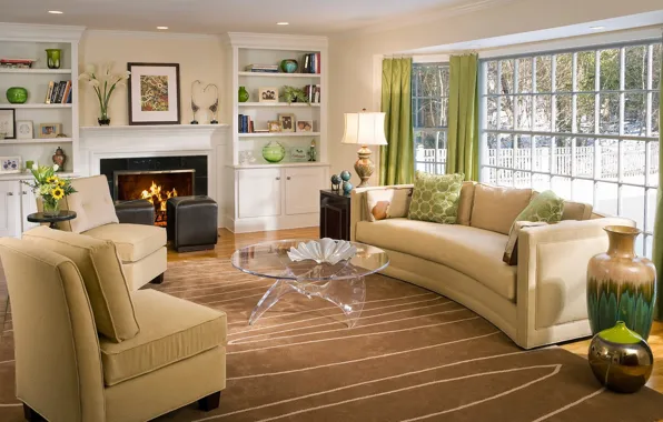 Picture fire, furniture, home, interior, window, chairs, fireplace, curtains