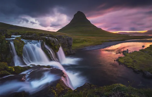 Landscape, sunset, nature, mountain, waterfall, Iceland, Kirkjufell