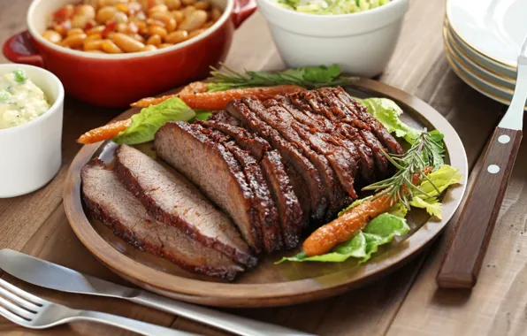Meat, carrots, salad, pork