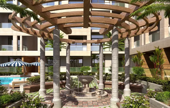 Vegetation, construction, fountain, MODERN APARTMENT, POOL WITH OPEN GARDEN