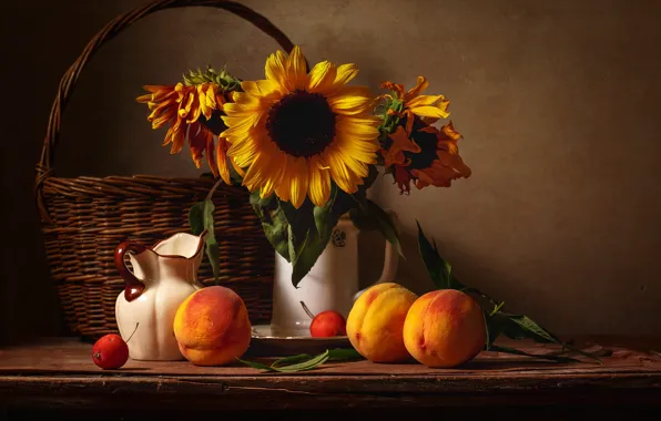 Sunflowers, flowers, dishes, pitcher, fruit, still life, basket, peaches