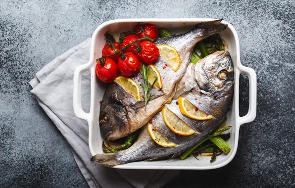 Picture background, lemon, two, towel, fish, form, tomatoes, submission