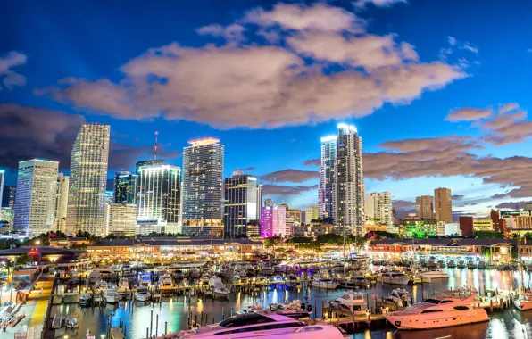The sky, clouds, lights, shore, boat, home, Miami, skyscrapers