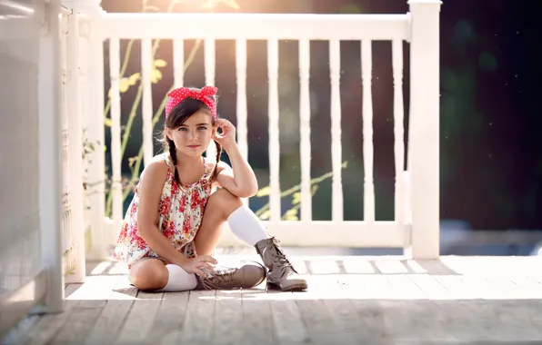 Girl, fashion, porch, boots, floral, styled, Summer Light, bandana