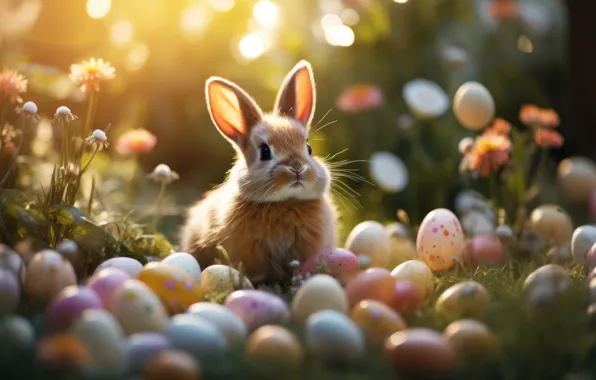 Look, light, flowers, nature, holiday, glade, hare, eggs