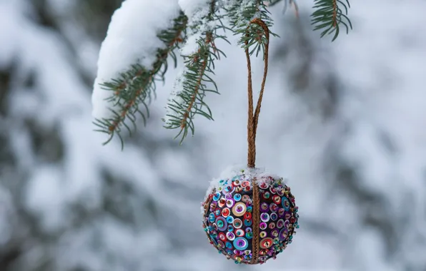 Picture winter, snow, holiday, tree, ball, Christmas, decoration