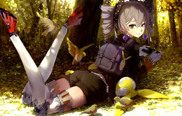 Picture girl, trees, birds, nature, robot, anime, art, phone