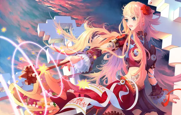 Girl, flowers, abstraction, magic, art, rod, stars